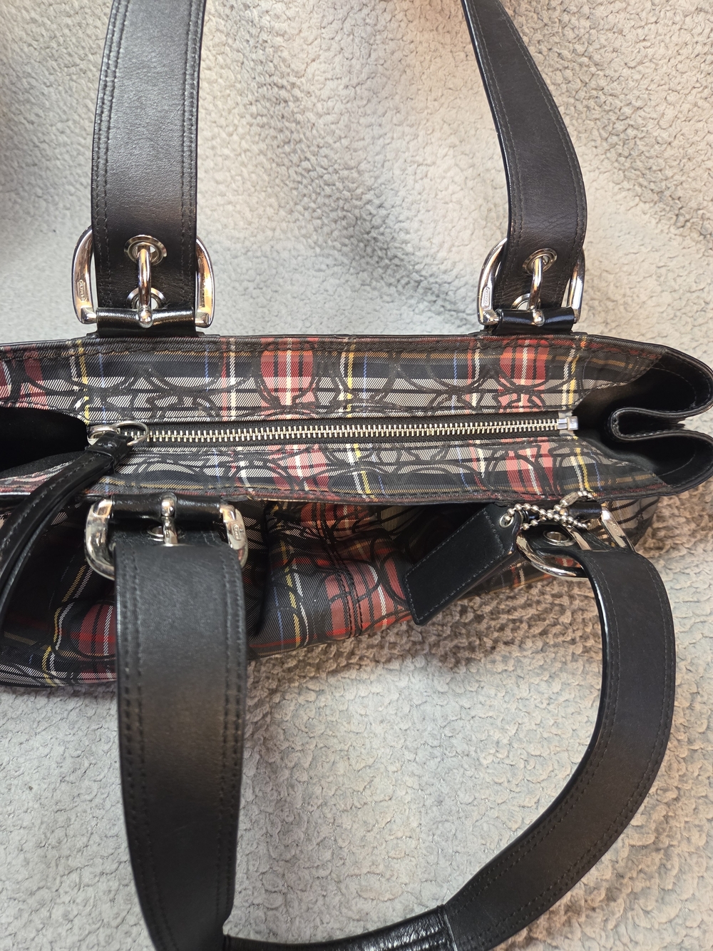 Coach Plaid Shoulder Bag with Black Trim and Red Accent - Picture 7 of 11